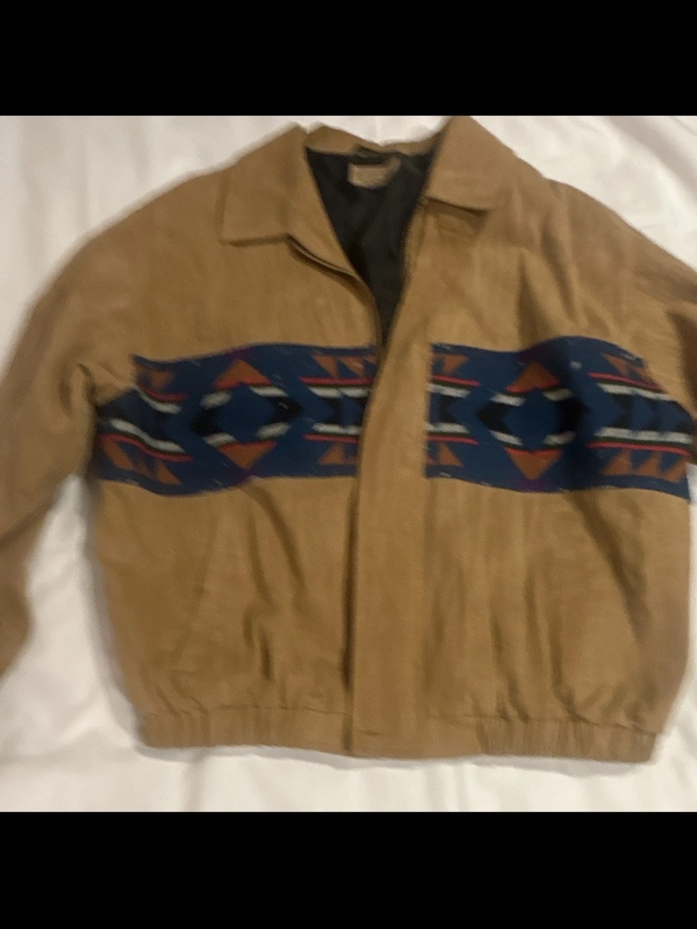 Pendleton Tan Suede Bomber Jacket with Navy & Rust Aztec Band